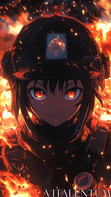 Firelit anime firefighter framed by glowing embers and sparks.