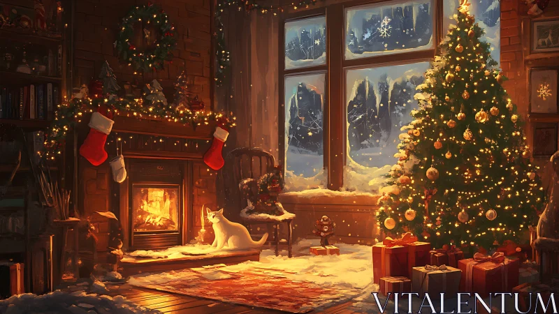 Cozy winter living room with Christmas tree and fireplace.