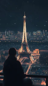 Silhouette observes illuminated tower above nocturnal cityscape