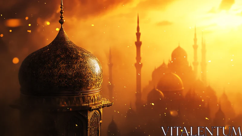 Ornate domed minaret emerges in molten gold atmospheric light