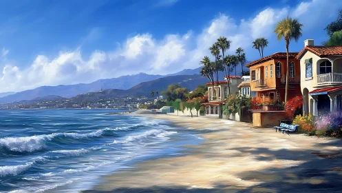 Seaside villas glow under clear skies along a tranquil shore.