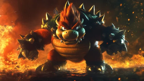 Fiery spiked creature advances amid cinematic volcanic inferno