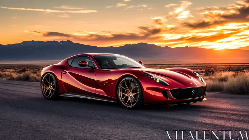 Sunset drive with a sleek red sports car on open road.