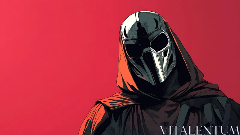 Hooded masked figure rendered in stylized graphic illustration