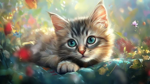 Luminous Kitten in Enchanted Garden of Dreams