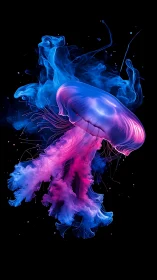 Neon jellyfish drifts through luminous blue pink vapor.