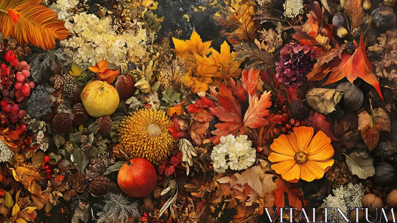 Vibrant autumn harvest blooms across a richly textured still life