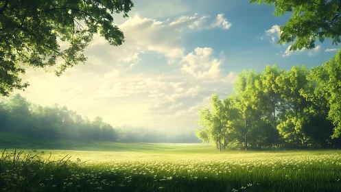 Low-angle sun illuminating misty meadow and high dynamic range trees