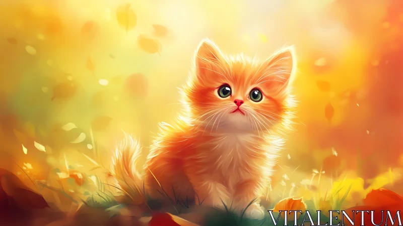 Luminous Kitten Portrait with Golden Bokeh and Autumn Foliage Ambiance