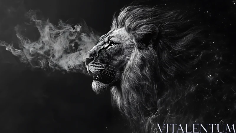 Midnight lion spirit exhaling dreams into the dark sky.