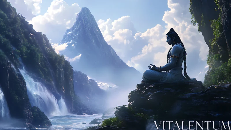 Mountain deity in seated meditation amid misted waterfalls and cliffs