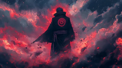 Stormlit wanderer strides through swirling embers and dusk