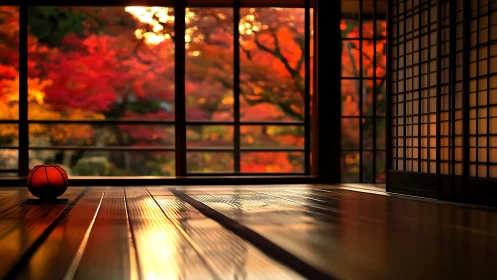 Japanese tatami room interior with autumn maple bokeh view.