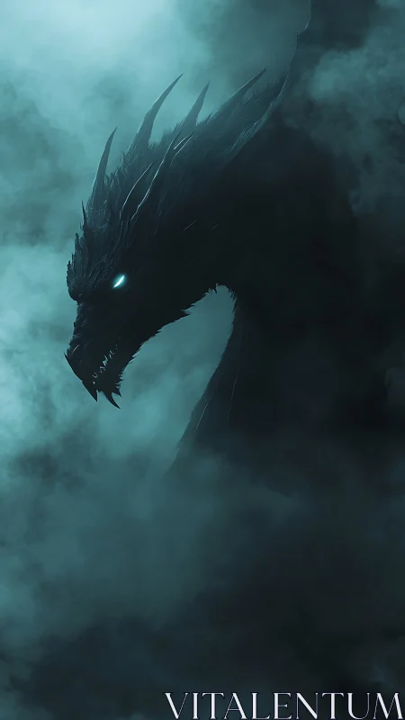 Volumetric mist silhouette of bioluminescent-eyed dragon.