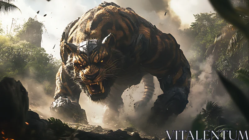 Cybernetic tiger titan charges through dense jungle smoke.