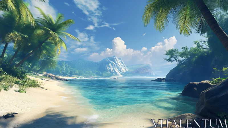 Tropical Paradise Cove: Digital Seascape with Mountain Vista.