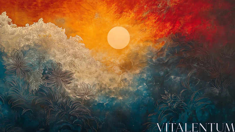 Solar bloom over abstract floral waves in firelight sky.