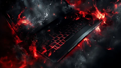 Laptop keyboard with red energy and dark surrounding space.