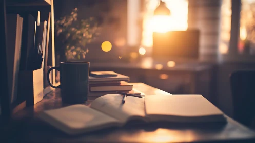 Warm sunrise illuminates quiet wooden writing desk scene