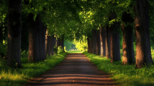 Tree-lined dirt avenue under directional golden hour backlight