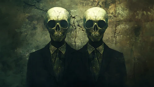 Twin skeletal figures in dark suits against textured wall.