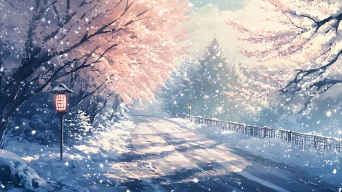 Snowy sakura lane glows softly beneath falling winter light