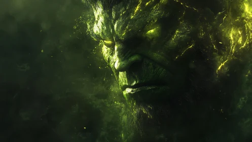 Glowing green creature portrait in dark swirling mist.