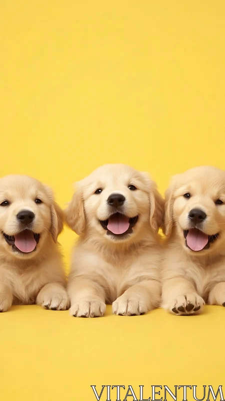 Three golden retriever puppies on bright yellow background.