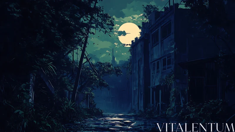 Moonlit overgrown alley with derelict urban buildings at dusk