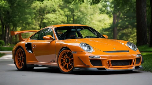Orange sports coupe on paved roadway in wooded parkland.