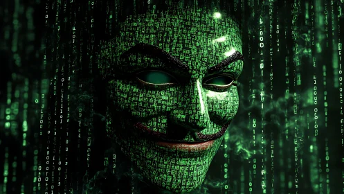 Cyberpunk hacker mask in cascading matrix code environment.