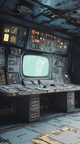 Retro sci fi control room shows aging starship command console