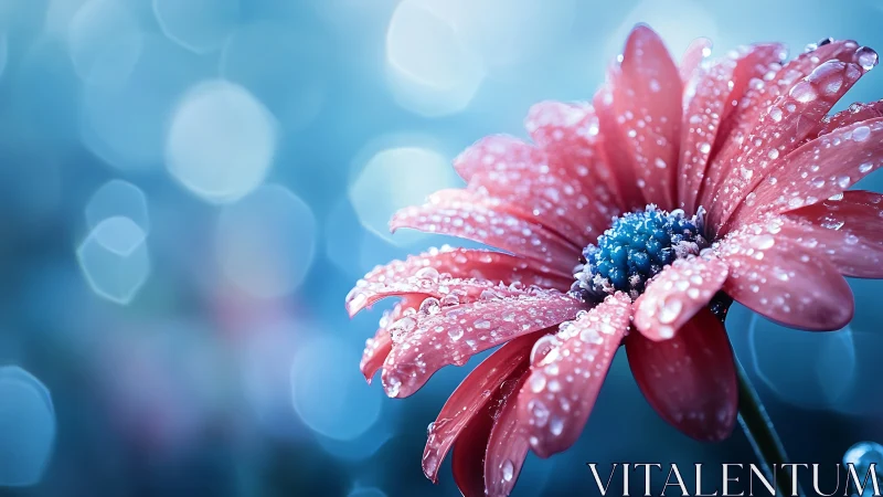 Pink Gerbera Daisy with Dew Drops and Blue Center on Bokeh Background