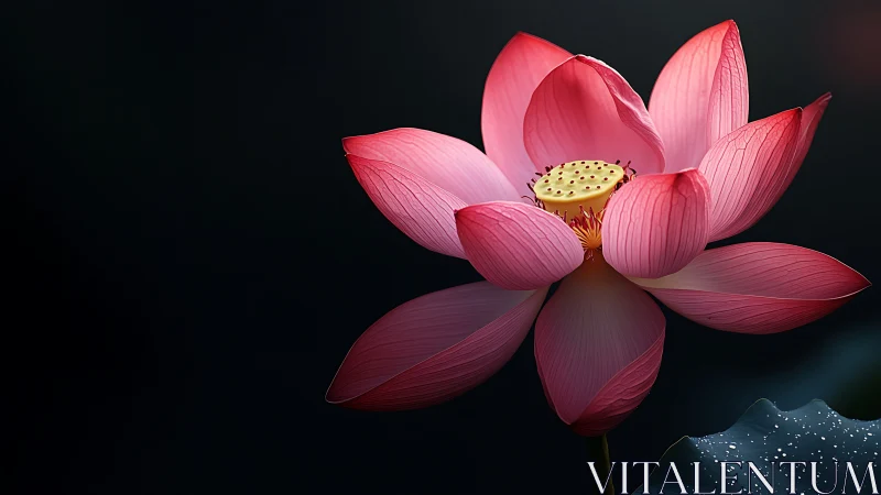 Pink Lotus Bloom Against Dark Background with Gold Center.