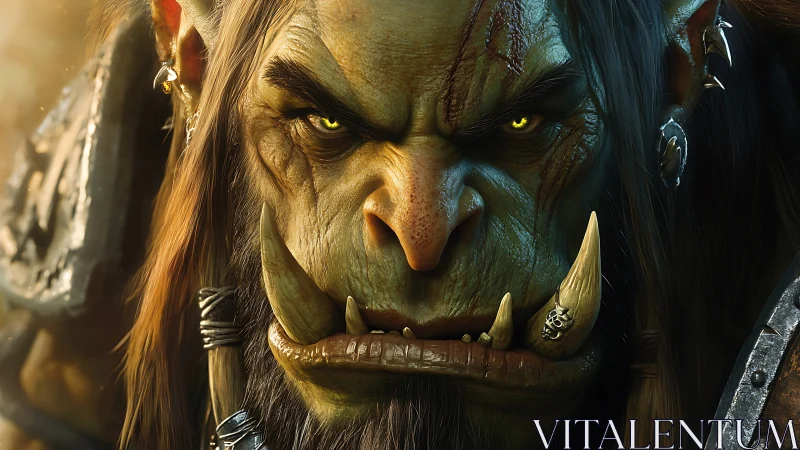 Battle-scarred orc warlord in cinematic fantasy close-up.