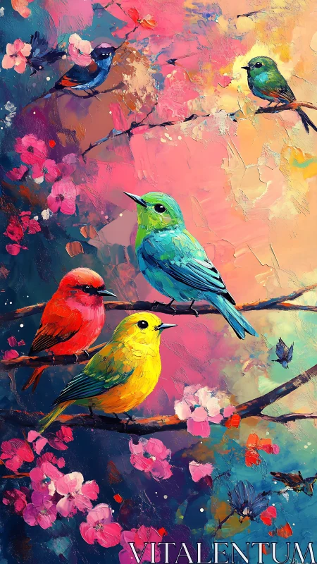 Small chromatic songbirds rehearse dawn on painted blossoms