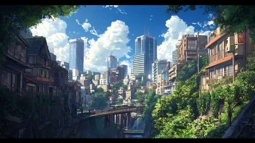 Sunlit futuristic city merges lush greenery with transit lines