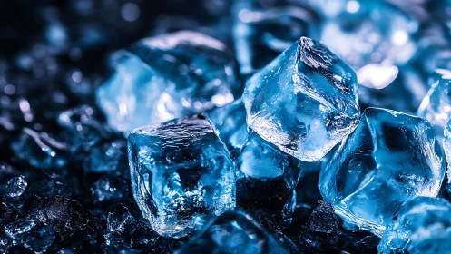 Macro study of blue-illuminated ice cubes with crystalline texture