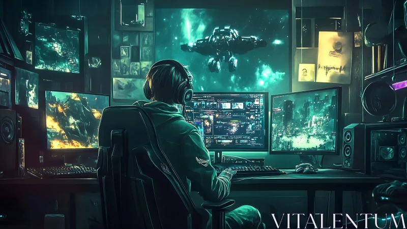 Person operates multi-monitor gaming setup in dim room