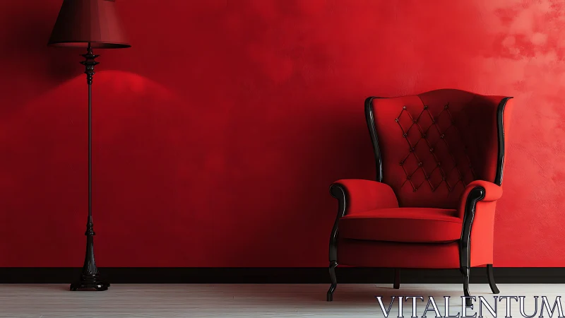Red upholstered armchair and floor lamp against red wall.