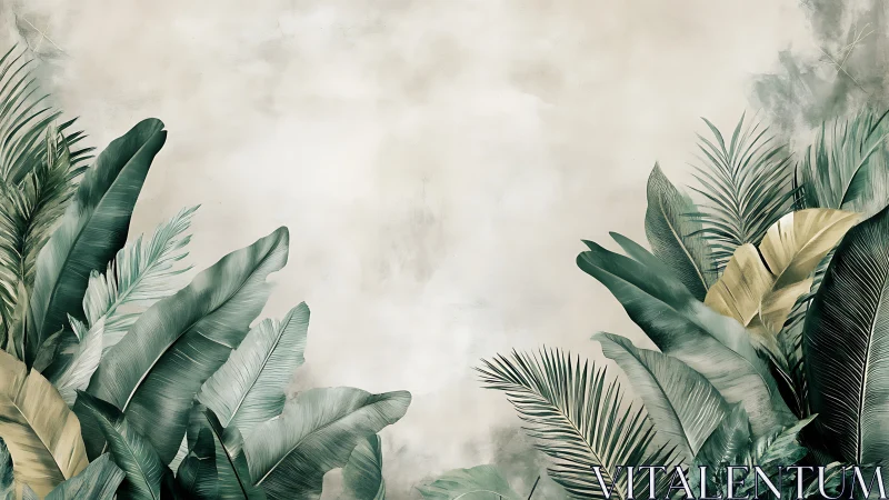 Muted tropical foliage border over textured neutral background.