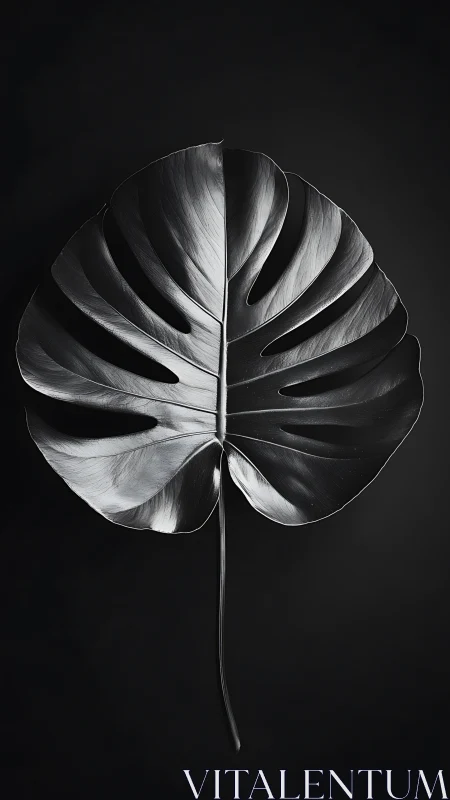Monstera leaf glows in dramatic monochrome studio lighting.