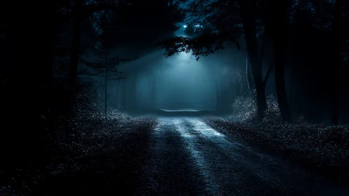 Moonlit forest road under deep blue night fog.