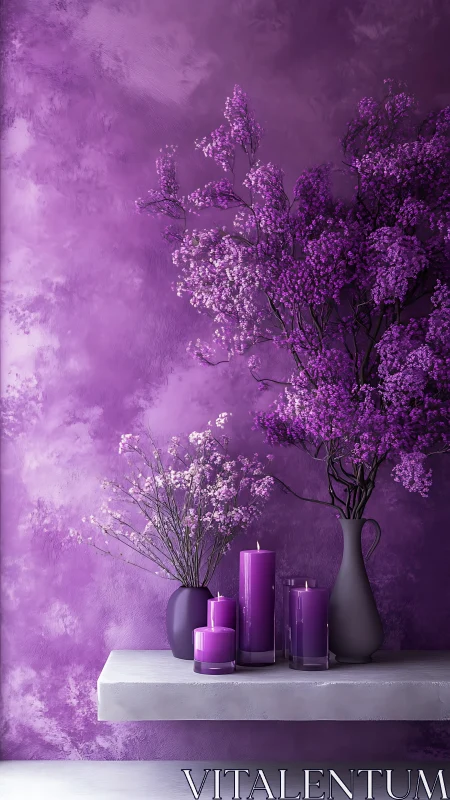 Purple florals and candles form tonal monochrome vignette.