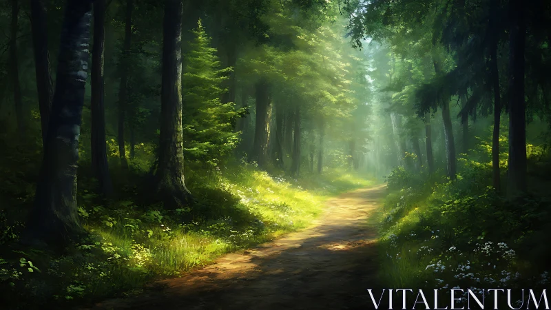 Forest pathway with sunlight filtering through canopy