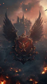 Winged war sigil hovers over burning siege citadel.