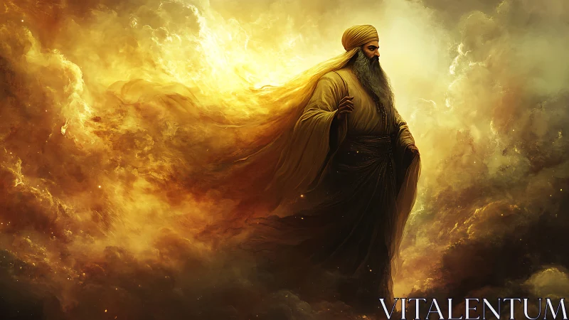 Golden robed sage walking through radiant swirling light.