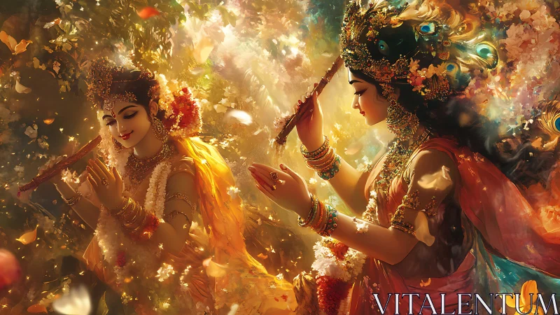 Divine figures exchange garlands in glowing forest radiance.