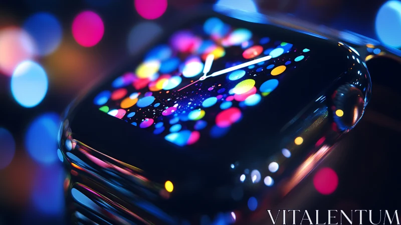Smartwatch screen glows with vivid abstract light pattern