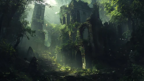 Overgrown stone ruins in dense forest with filtered light.